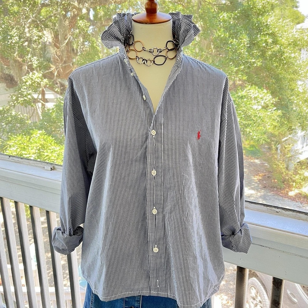 Upcycled Re-worked Ralph Lauren Blake Black Micro Check Ruffle Collar Shirt XXL - Picture 2 of 9
